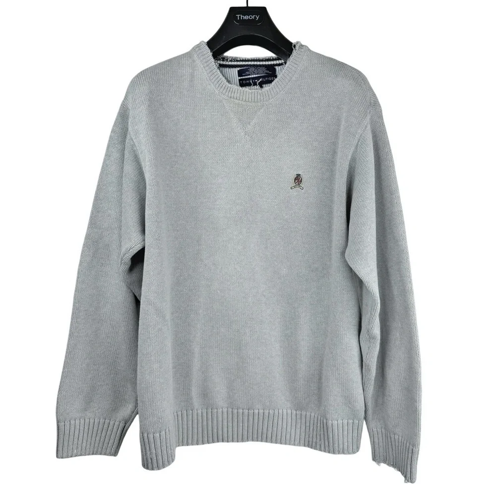 VINTAGE TOMMY HILFIGER Y2K Men's Designer Light Grey Crew Neck Sweater Size XL